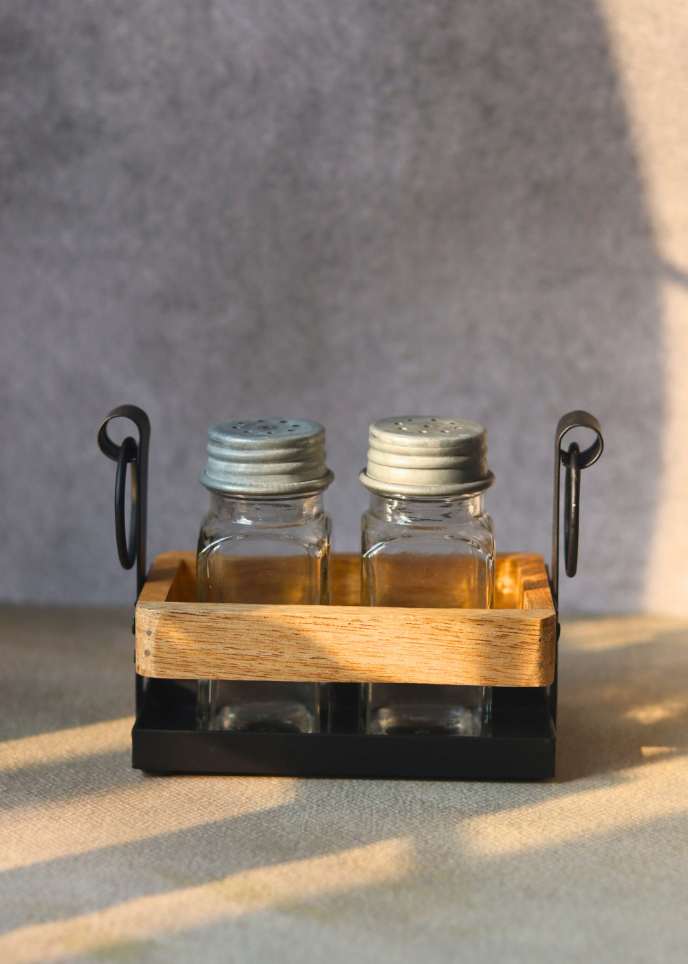 Glass salt & pepper shakers with stand 