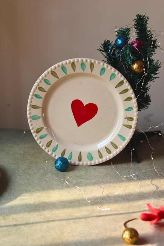 Handmade ceramic plate red, white & green