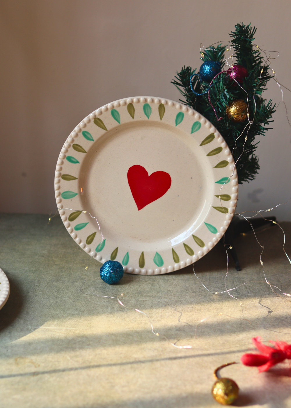 Handmade ceramic plate red, white & green