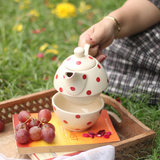 handmade red polka kettle with tea cup - tea for one