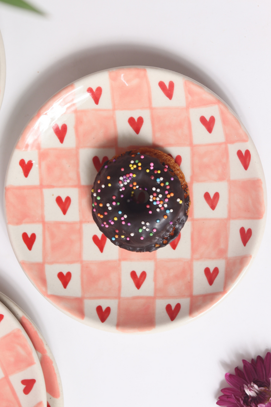 handmade chequered heart dessert plate with delicious dessert