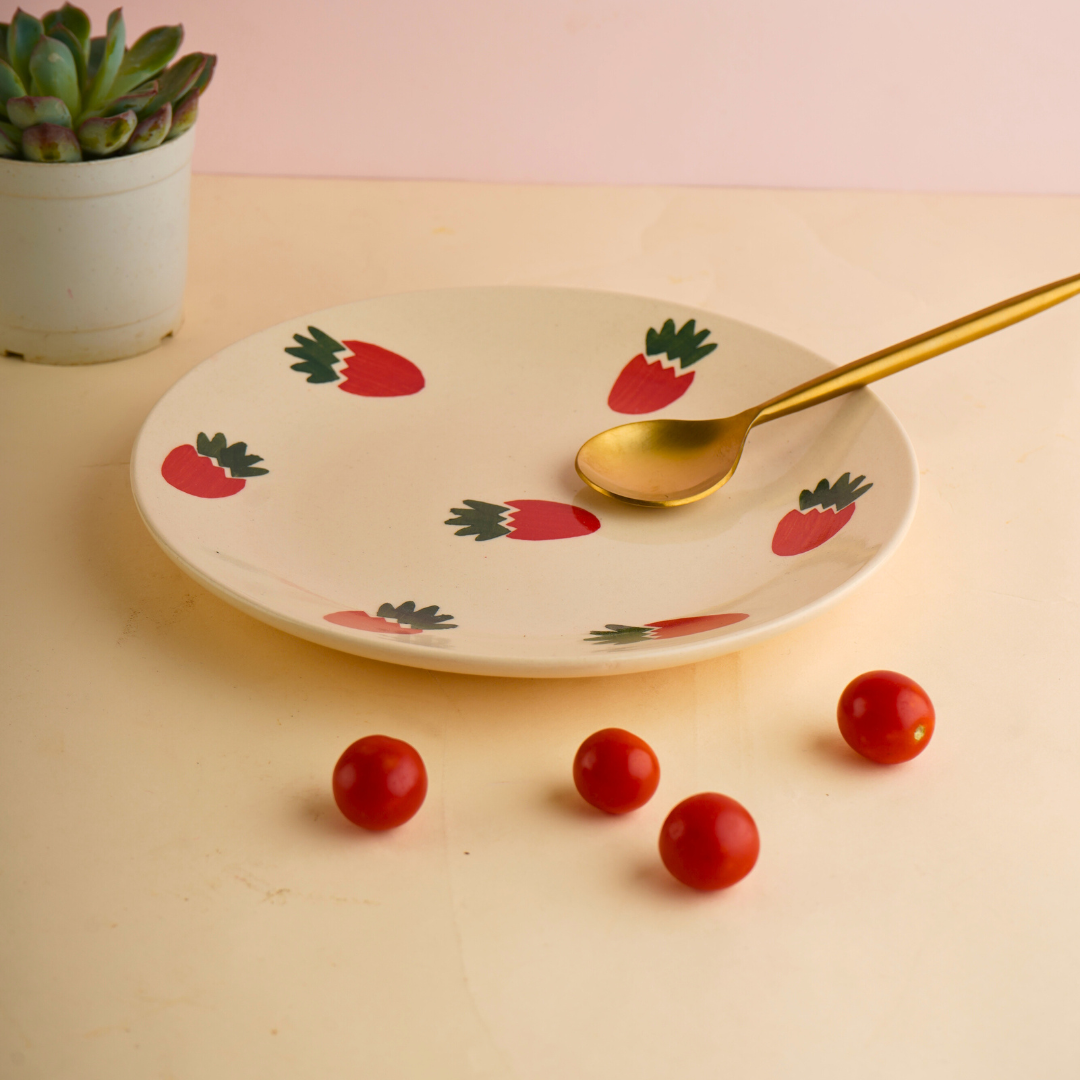 Handmade ceramic strawberry print plate with cherries