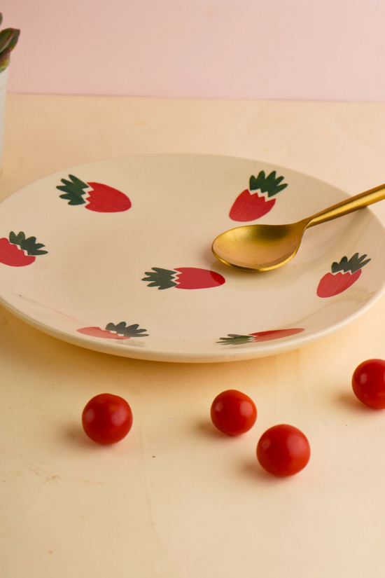 Handmade ceramic strawberry print plate with cherries