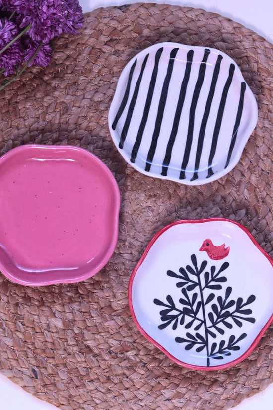 Birdie, Roses & Salmon Pink Handmade Dessert Plate - Set of 3 made by ceramic