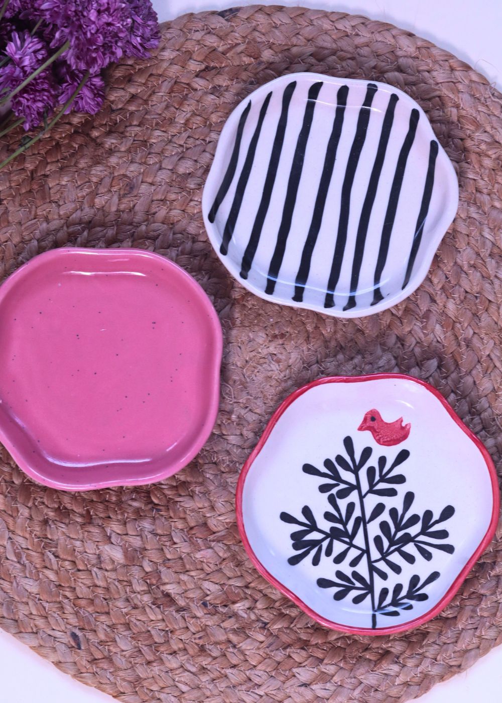 Birdie, Roses & Salmon Pink Handmade Dessert Plate - Set of 3 made by ceramic