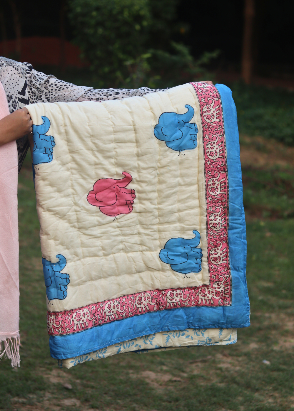 Pink & blue elephant designed quilt 