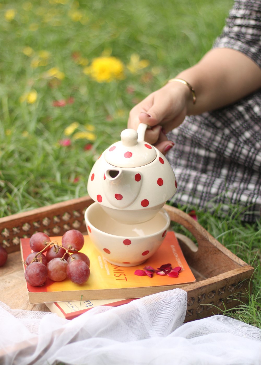 handmade red polka tea kettle with tea cup - tea for one 