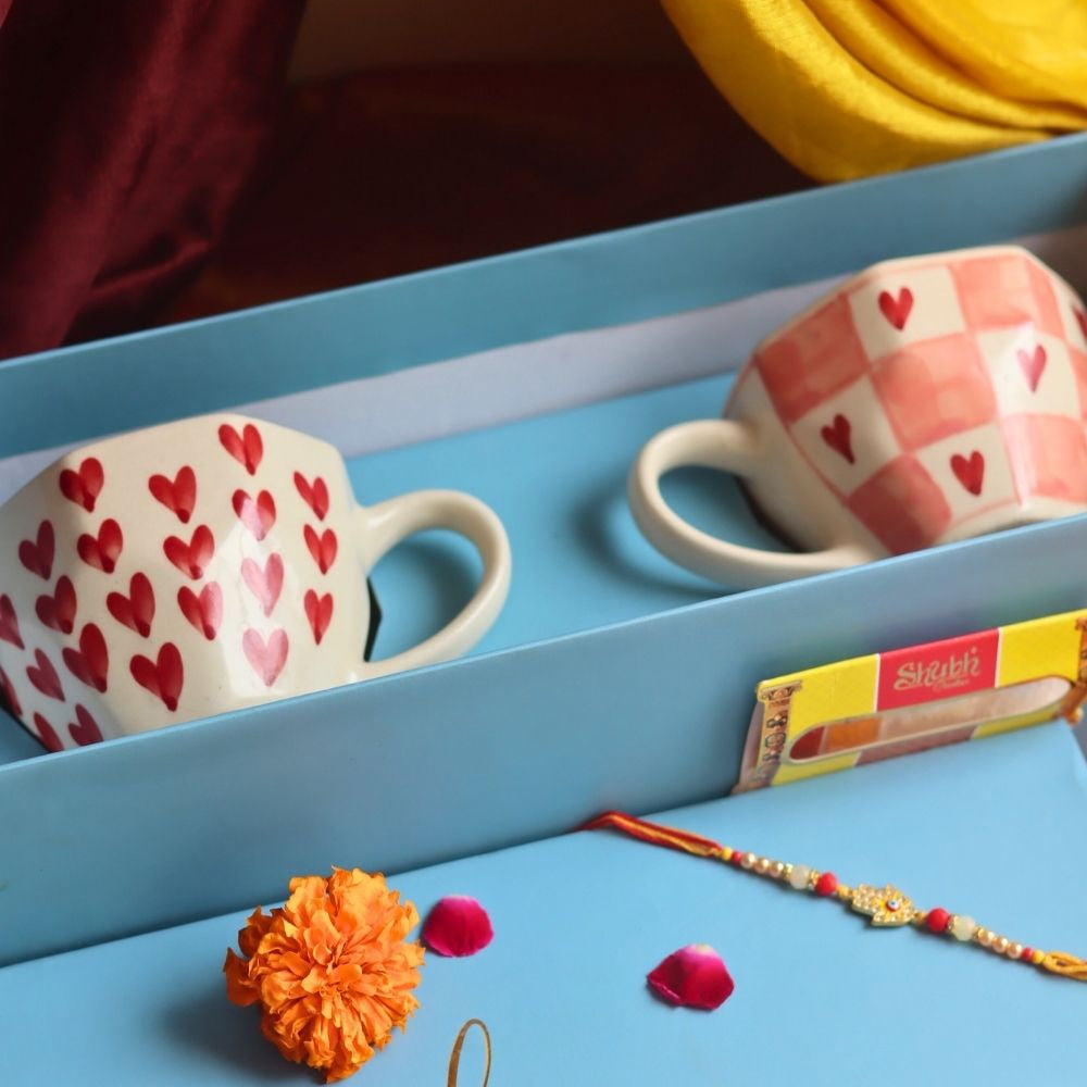 Heart & Chequered Heart in a Gift box with Rakhi made by ceramic