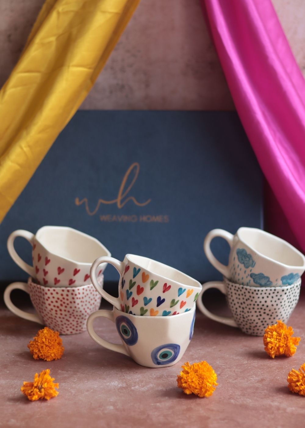 Set of 6 Polka & Heart Bliss Mugs (for the price of 5) Diwali Gift Box made by ceramic