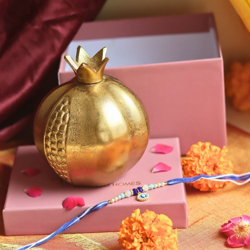 Gold Pomegranate Decor Accent in a Gift box with Rakhi made by metal