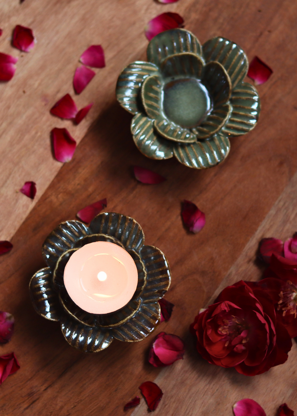 Handmade tea light holder with rose & petals