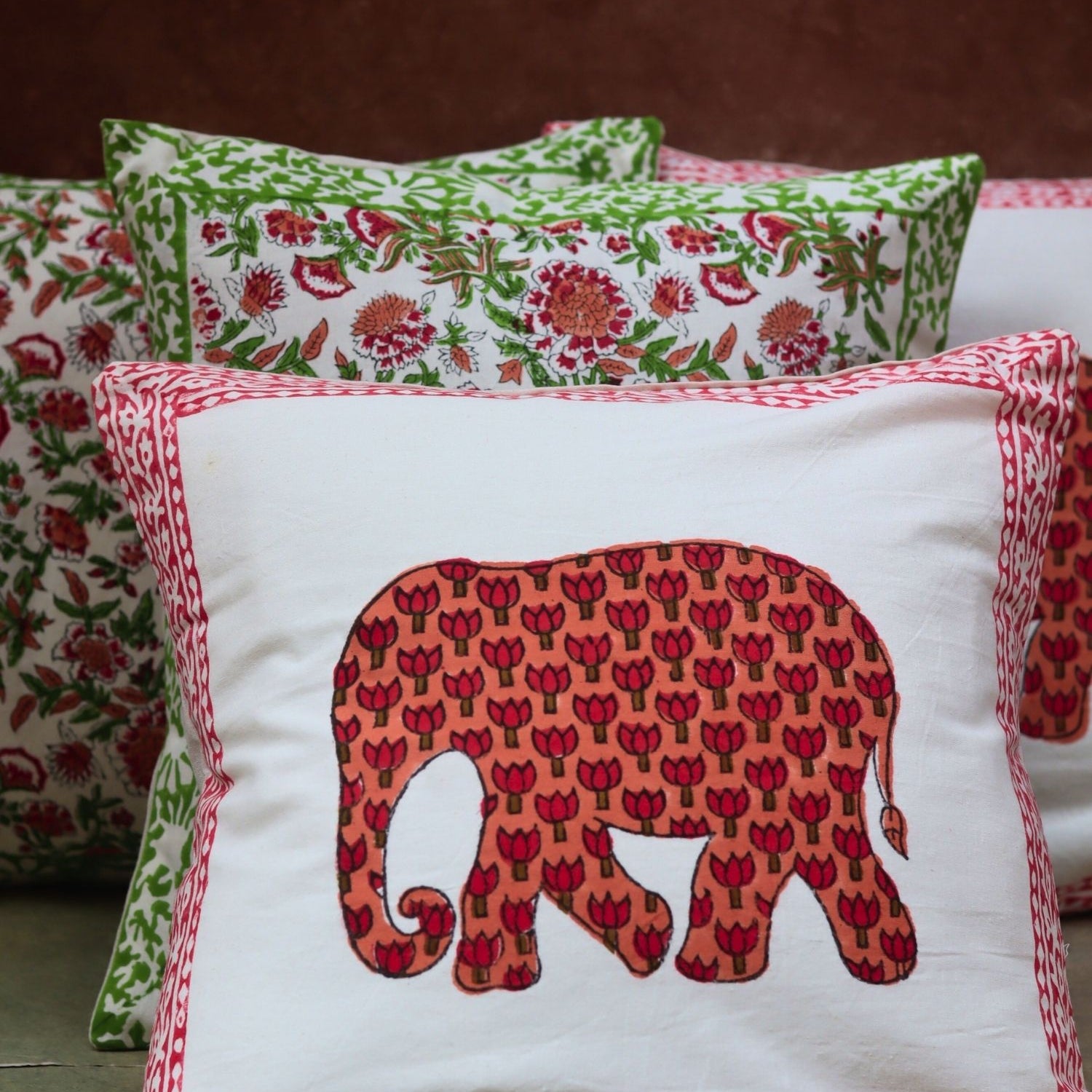 Handmade Liana vine & Ele block Printed cushion cover combo