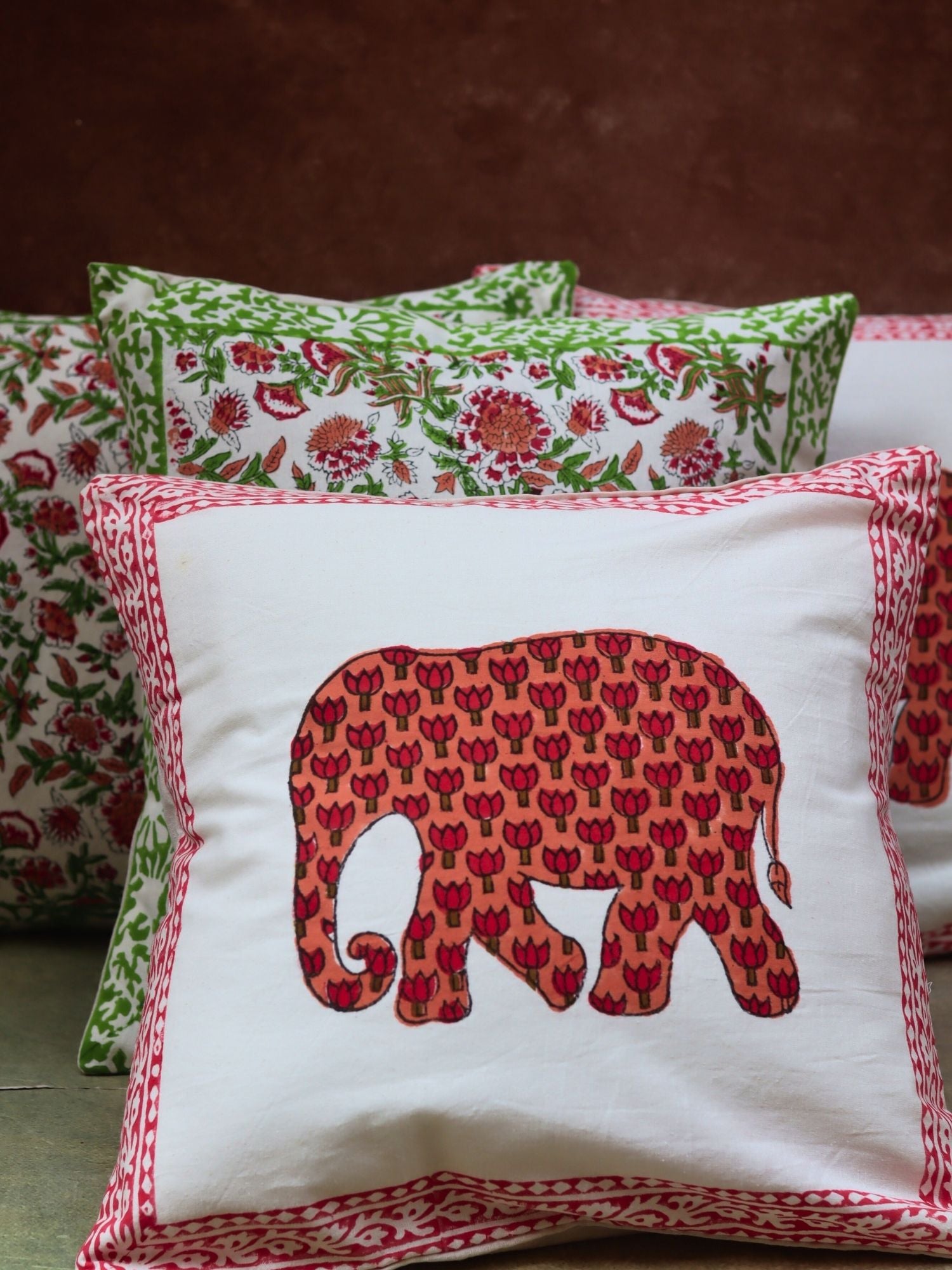 Handmade Liana vine & Ele block Printed cushion cover combo