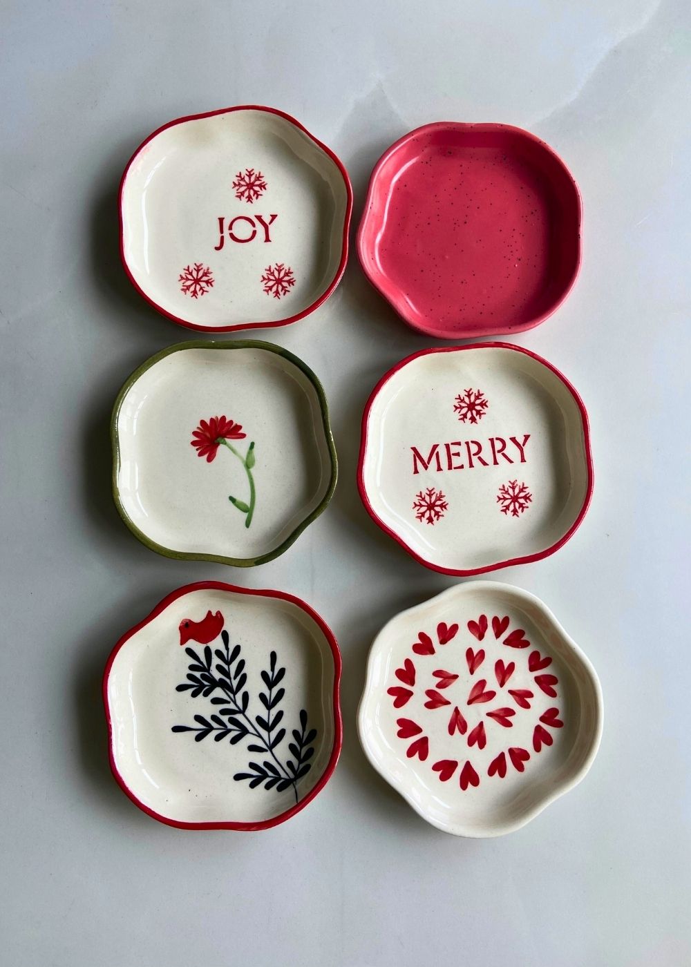 Handmade Set of 6 Red & White Handmade Dessert Plate (for the price of 5)