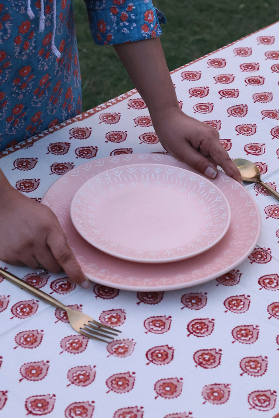 Red floral block printed table cloth 