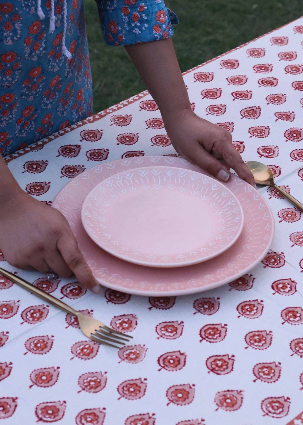 Red floral block printed table cloth 