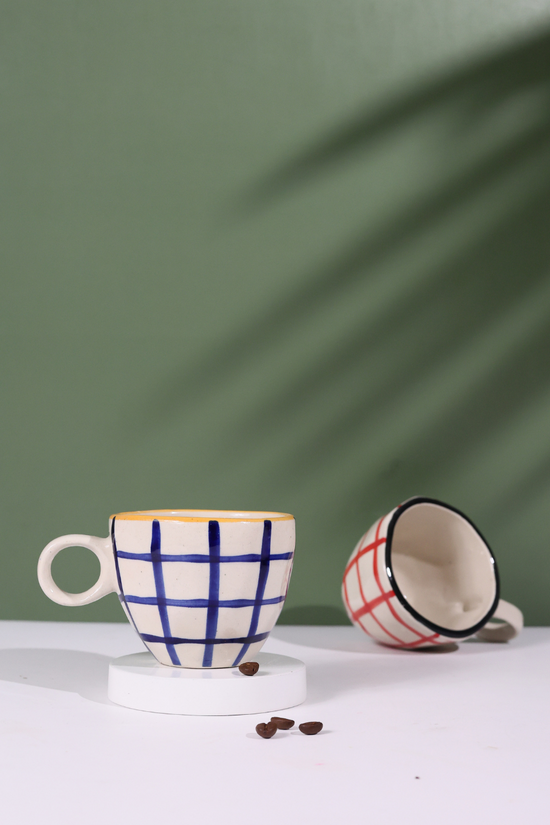 red & blue checks mug made by ceramic 