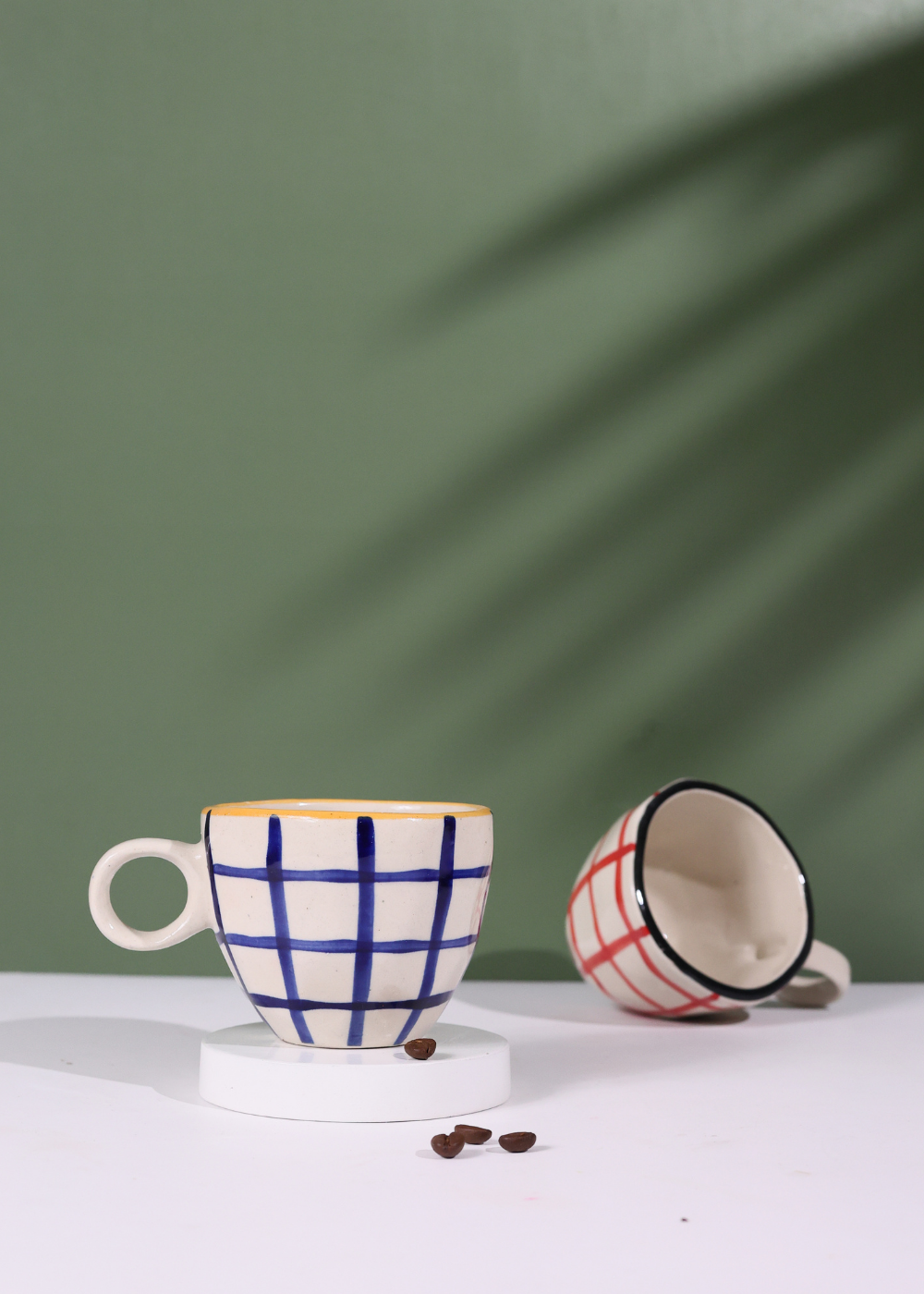 red & blue checks mug made by ceramic 