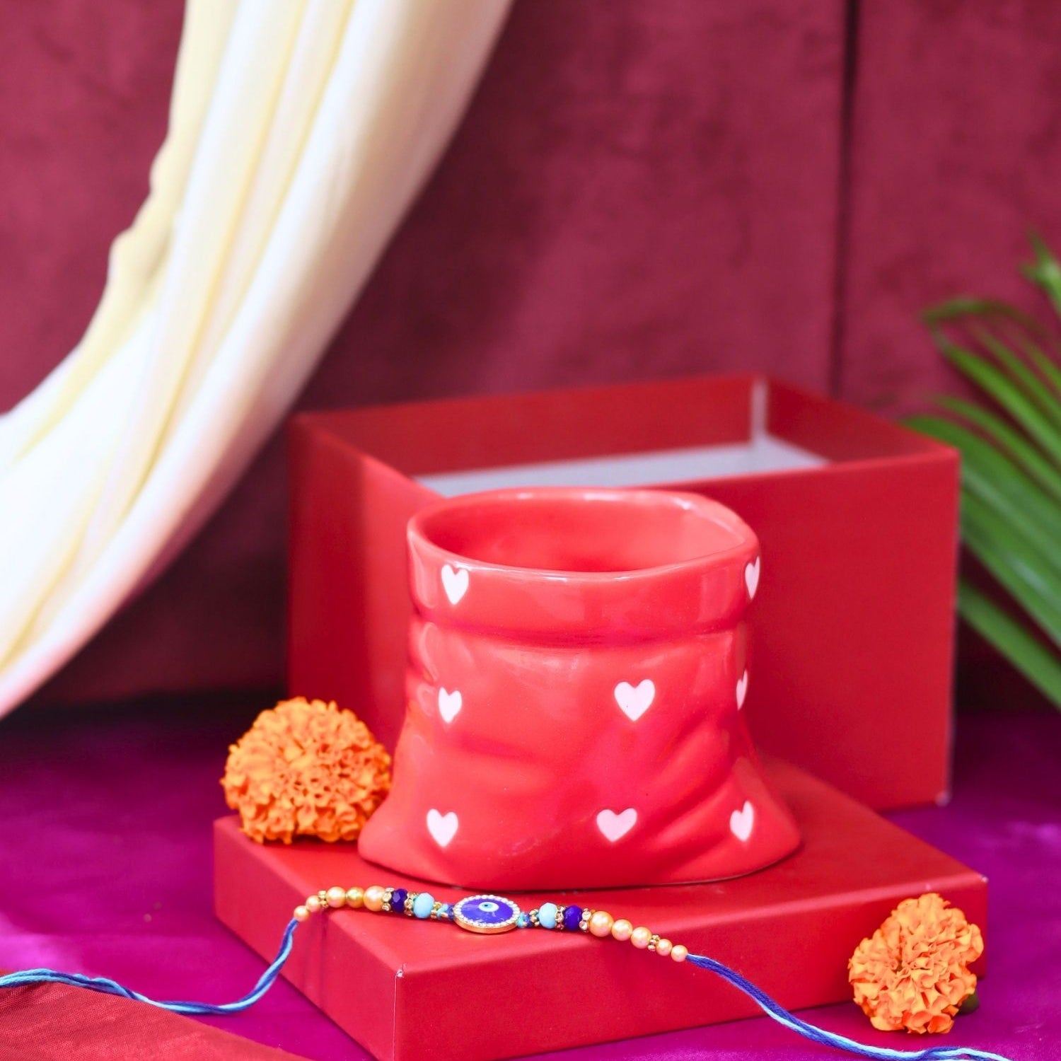 handmade Red Heart Pouch Mug Rakhi gift box