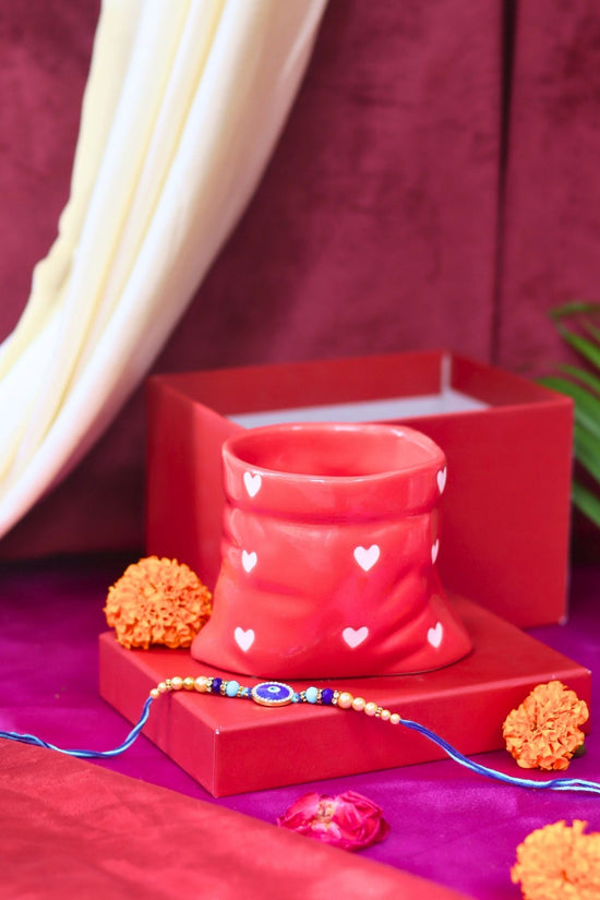 handmade Red Heart Pouch Mug Rakhi gift box