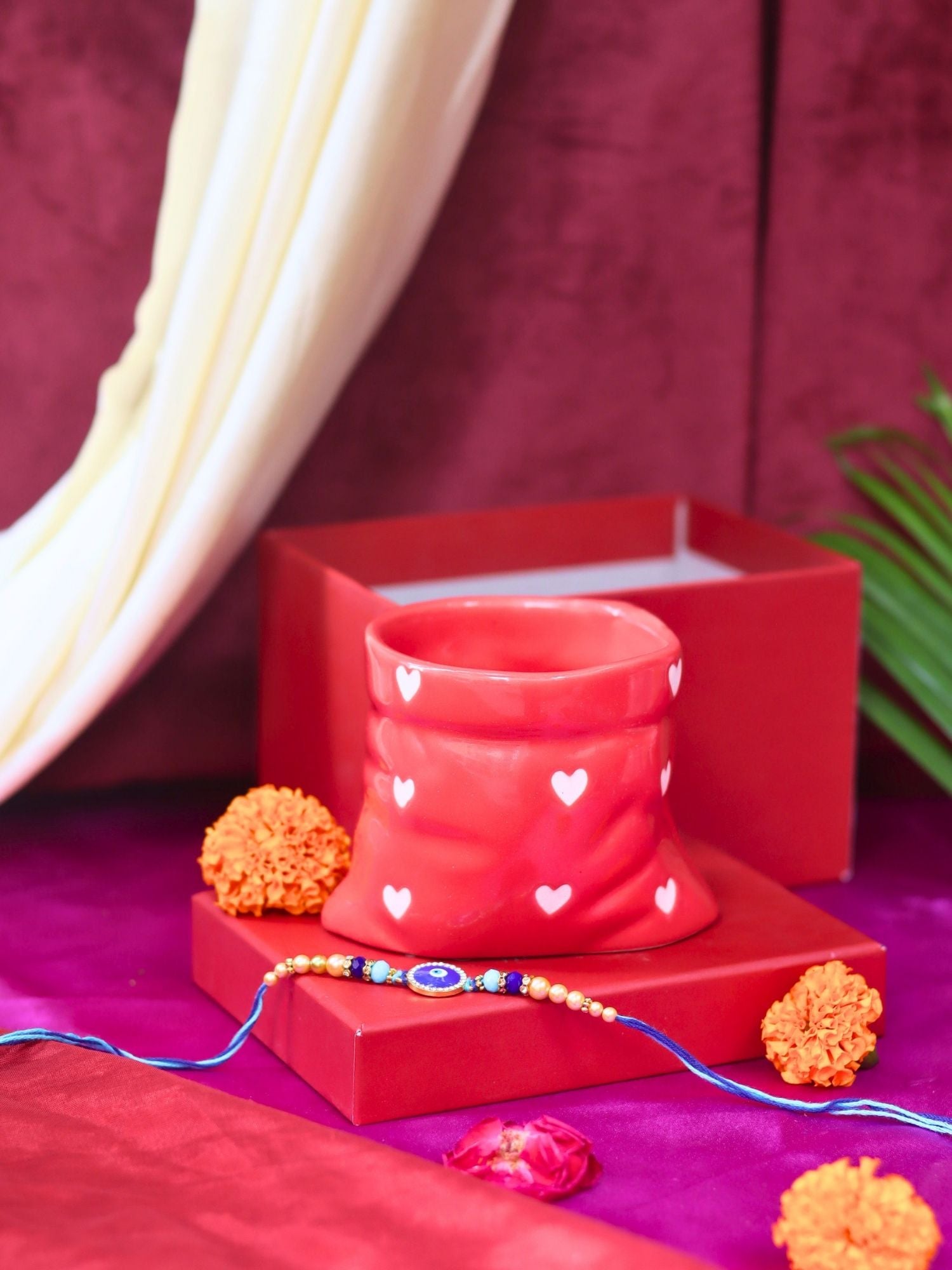 handmade Red Heart Pouch Mug Rakhi gift box