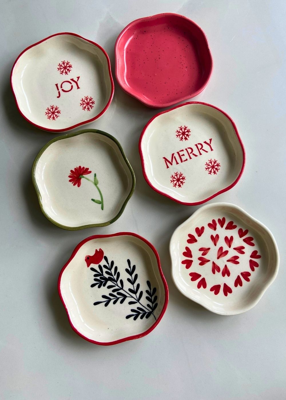 Handmade Set of 6 Red & White Handmade Dessert Plate (for the price of 5)