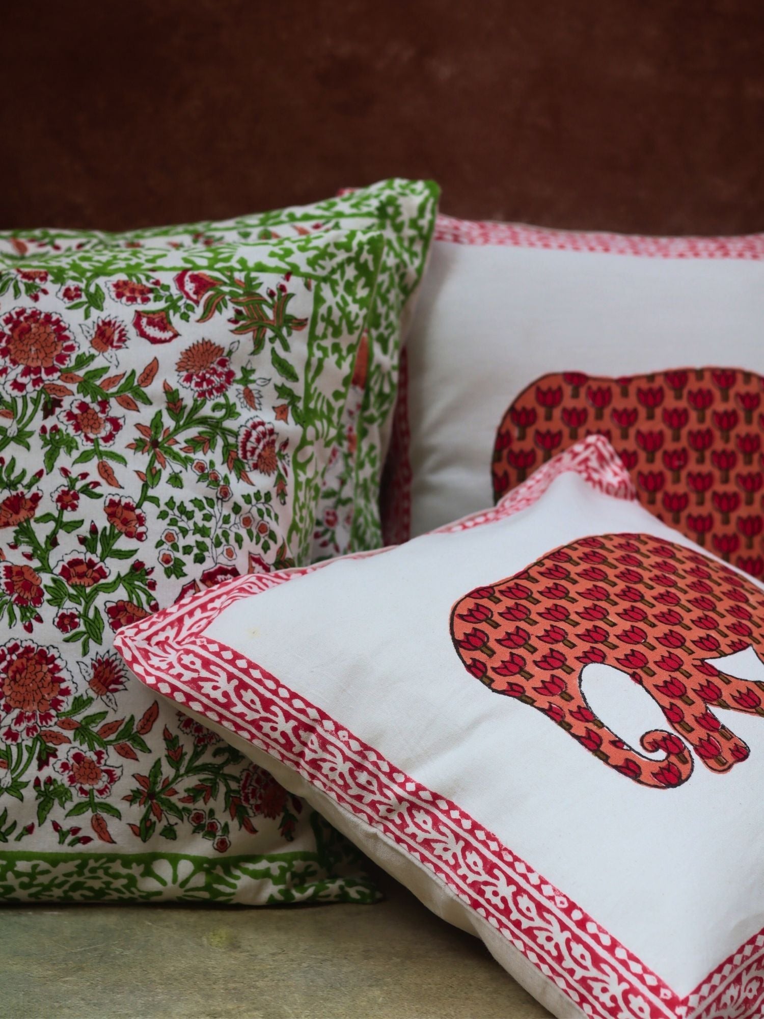 Liana vine & Ele block Printed cushion cover combo handmade in India