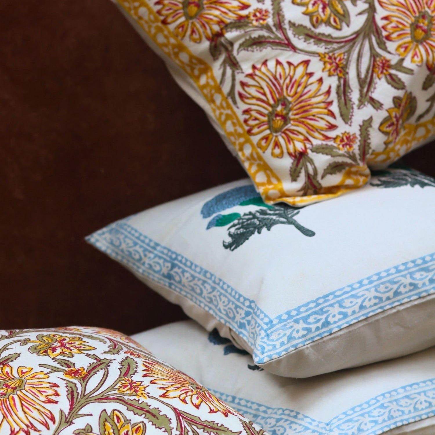 Handmade Blushing Blue & Yellow Ochre Block printed Cushion cover combo