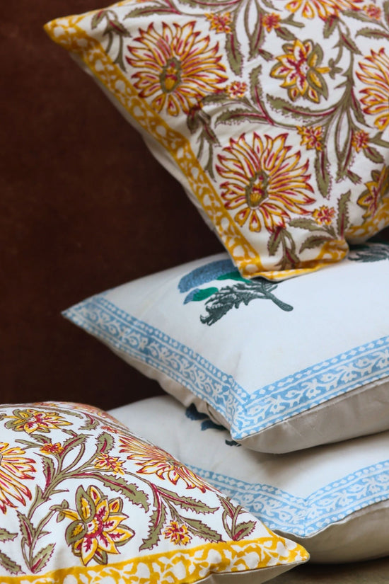 Handmade Blushing Blue & Yellow Ochre Block printed Cushion cover combo