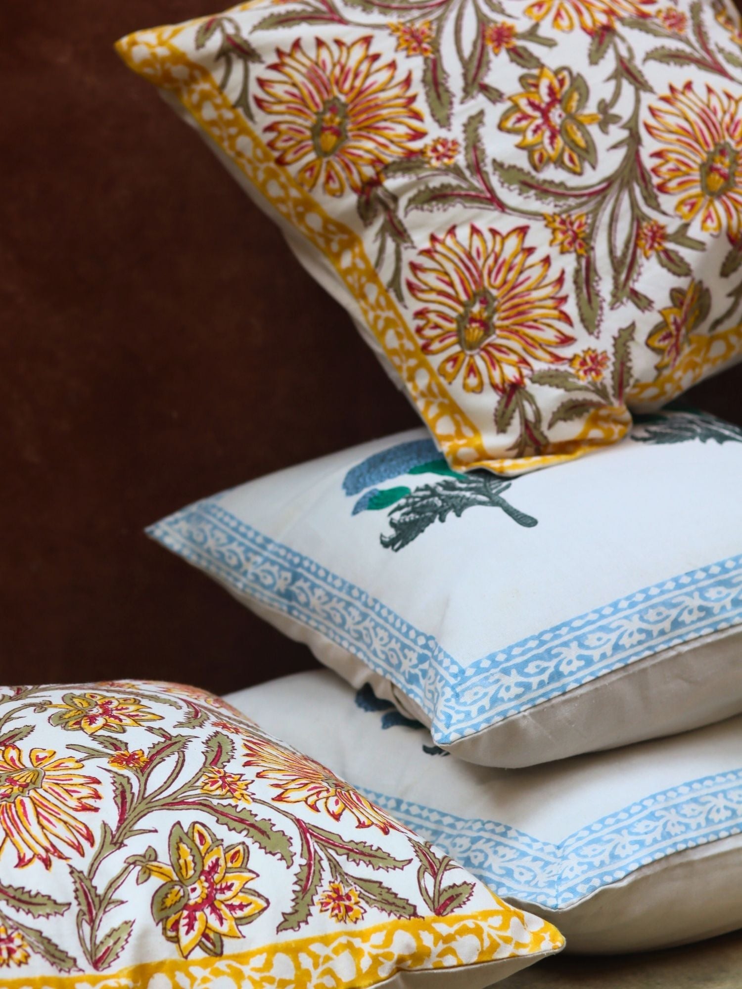 Handmade Blushing Blue & Yellow Ochre Block printed Cushion cover combo