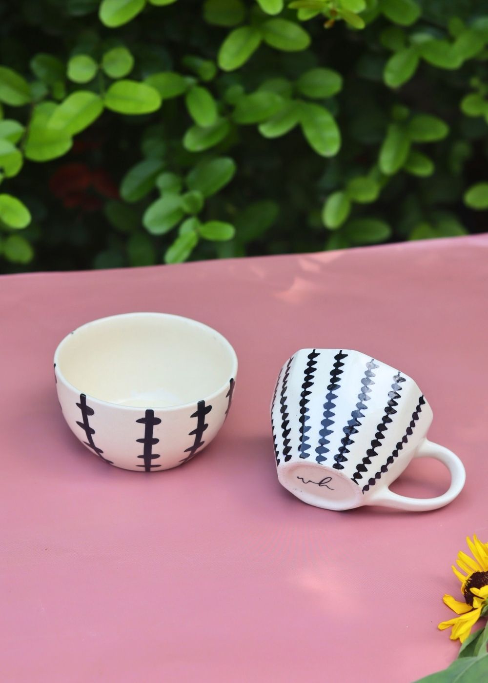 Set of 2 - Black Crosses Mug & Bowl Combo made by ceramic