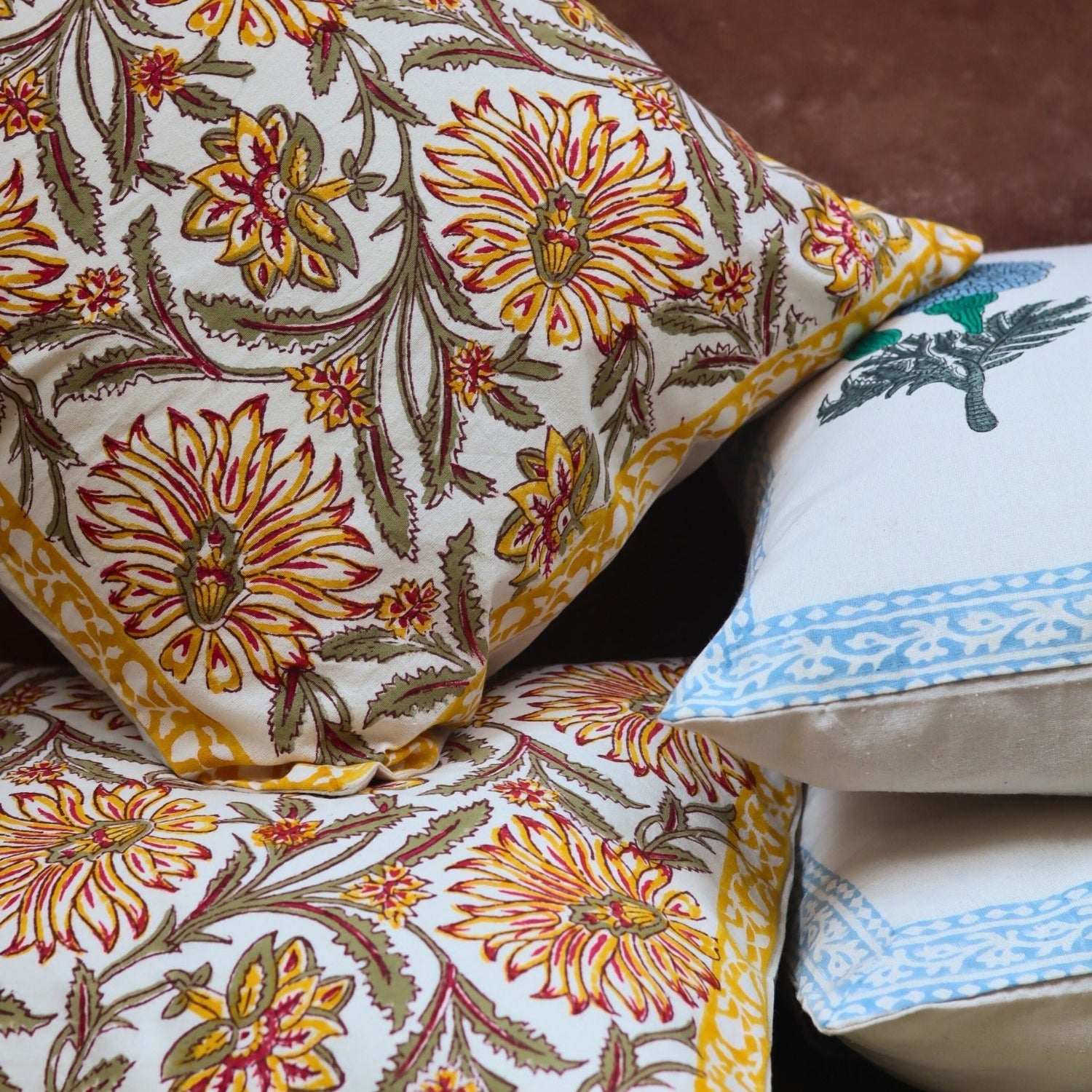 Blushing Blue & Yellow Ochre Block printed Cushion cover combo made by cotton