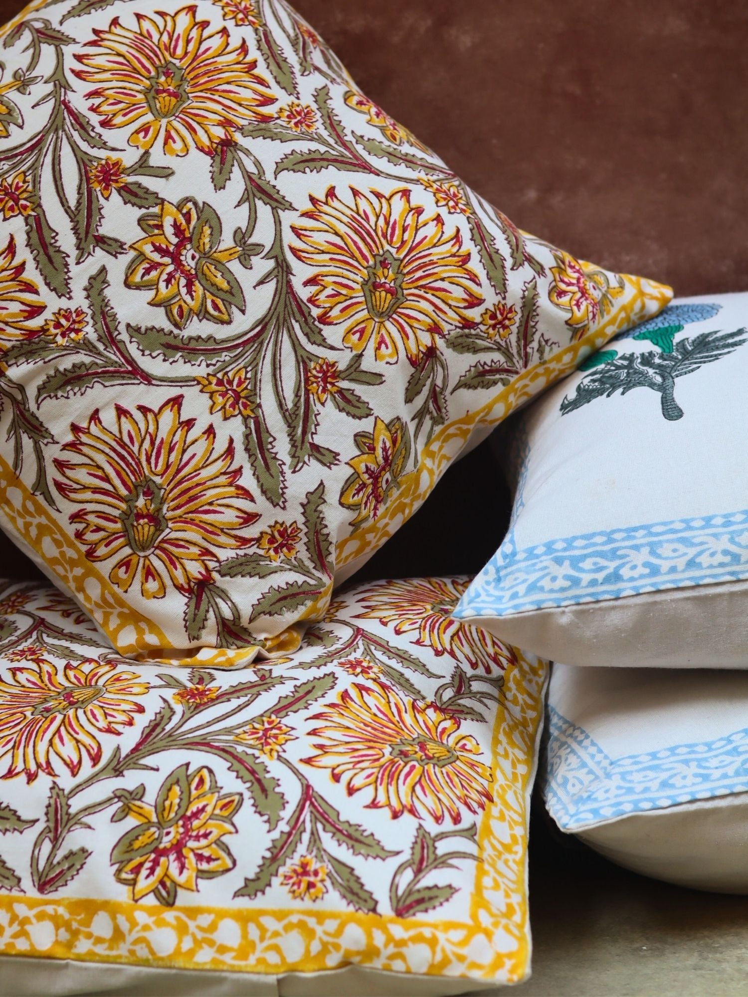 Blushing Blue & Yellow Ochre Block printed Cushion cover combo made by cotton