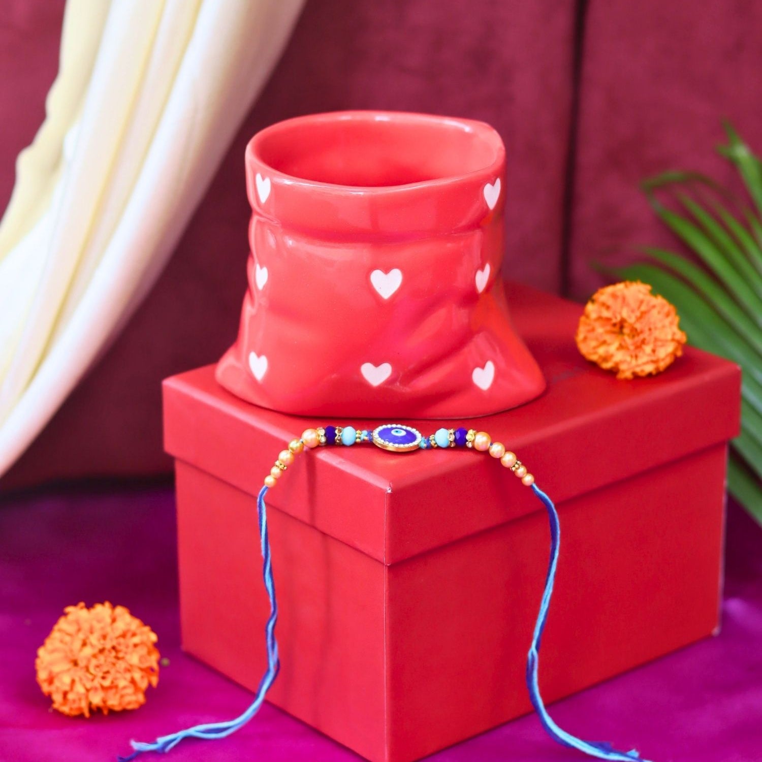 Red Heart Pouch Mug Rakhi gift box handmade in india