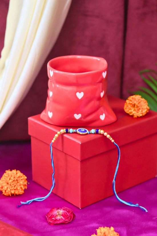 Red Heart Pouch Mug Rakhi gift box handmade in india