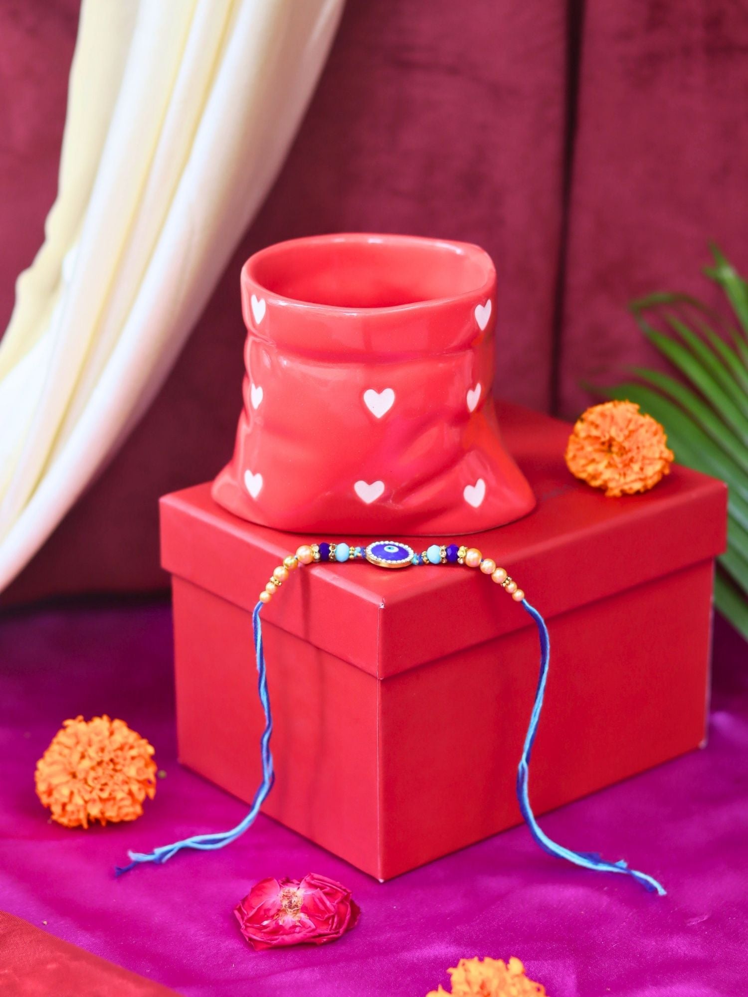 Red Heart Pouch Mug Rakhi gift box handmade in india