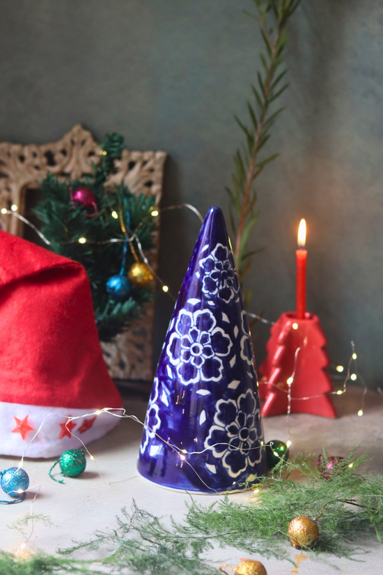 Blue floral ceramic christmas tree