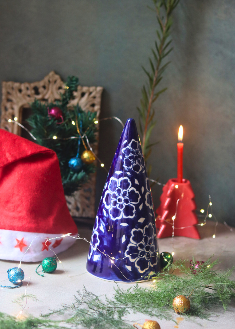Blue floral ceramic christmas tree