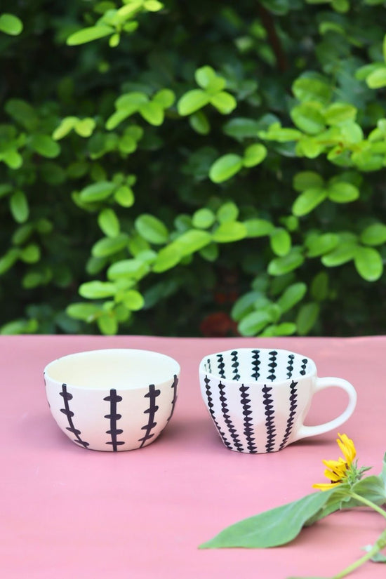 Set of 2 - Black Crosses Mug & Bowl Combo handmade in India