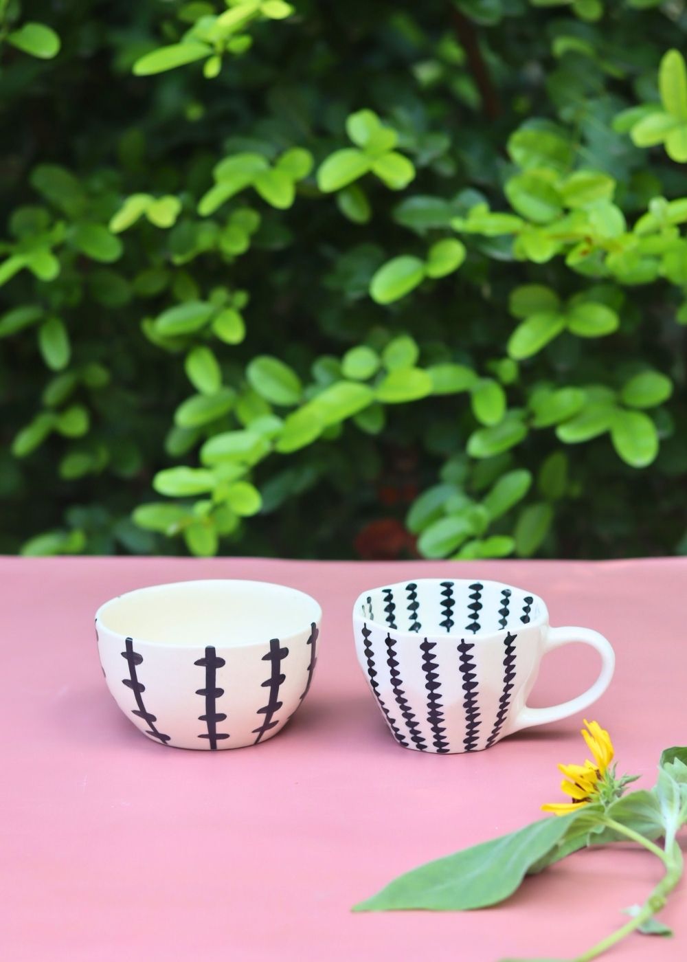 Set of 2 - Black Crosses Mug & Bowl Combo handmade in India