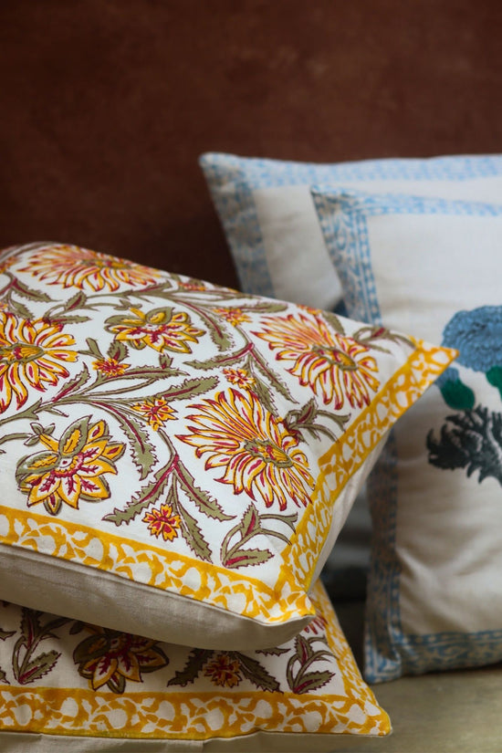 Blushing Blue & Yellow Ochre Block printed Cushion cover combo with premium quality material