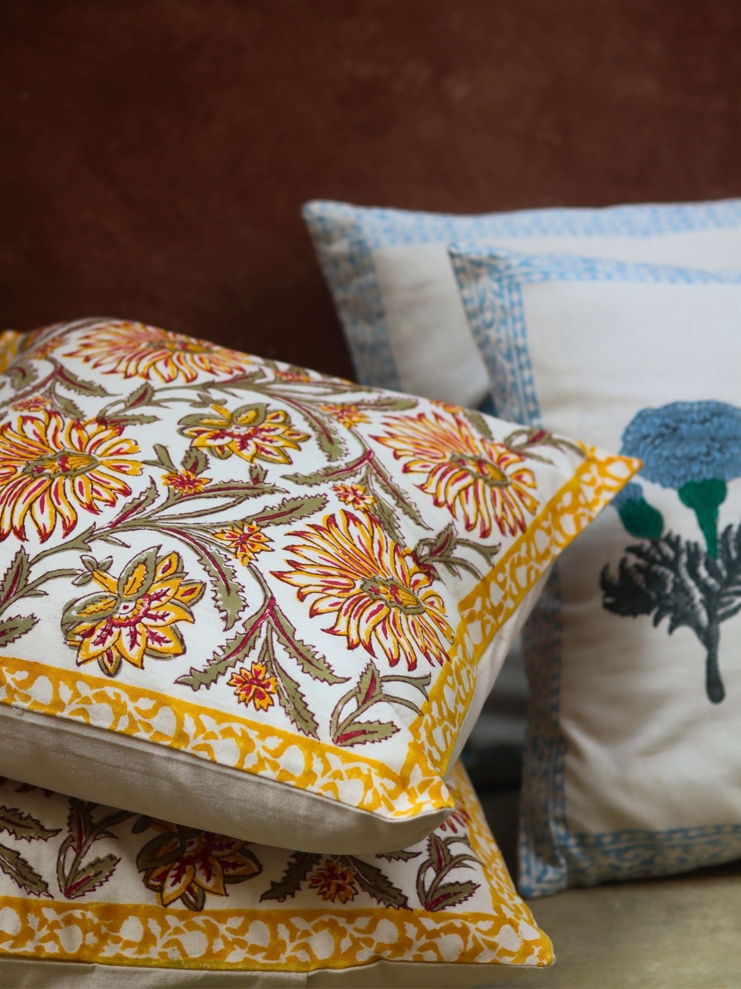 Blushing Blue & Yellow Ochre Block printed Cushion cover combo with premium quality material