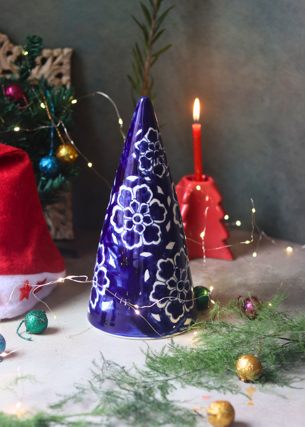 Blue ceramic christmas tree floral design 