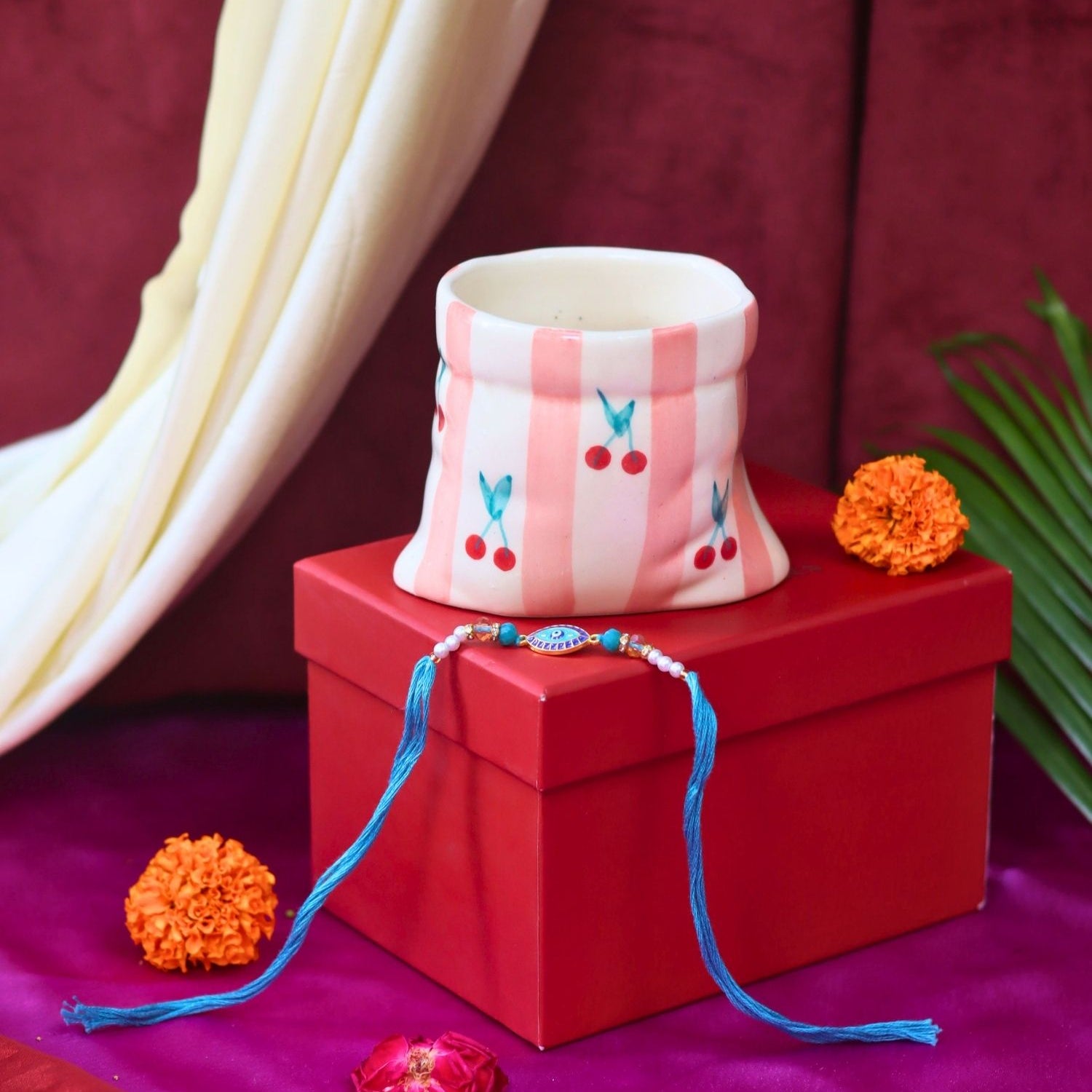 handmade Striped Pouch Mug Rakhi gift box