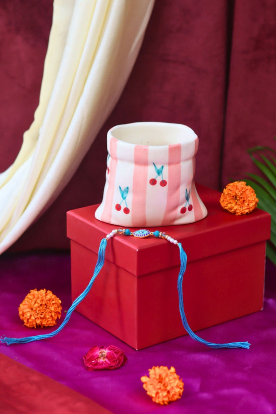 handmade Striped Pouch Mug Rakhi gift box