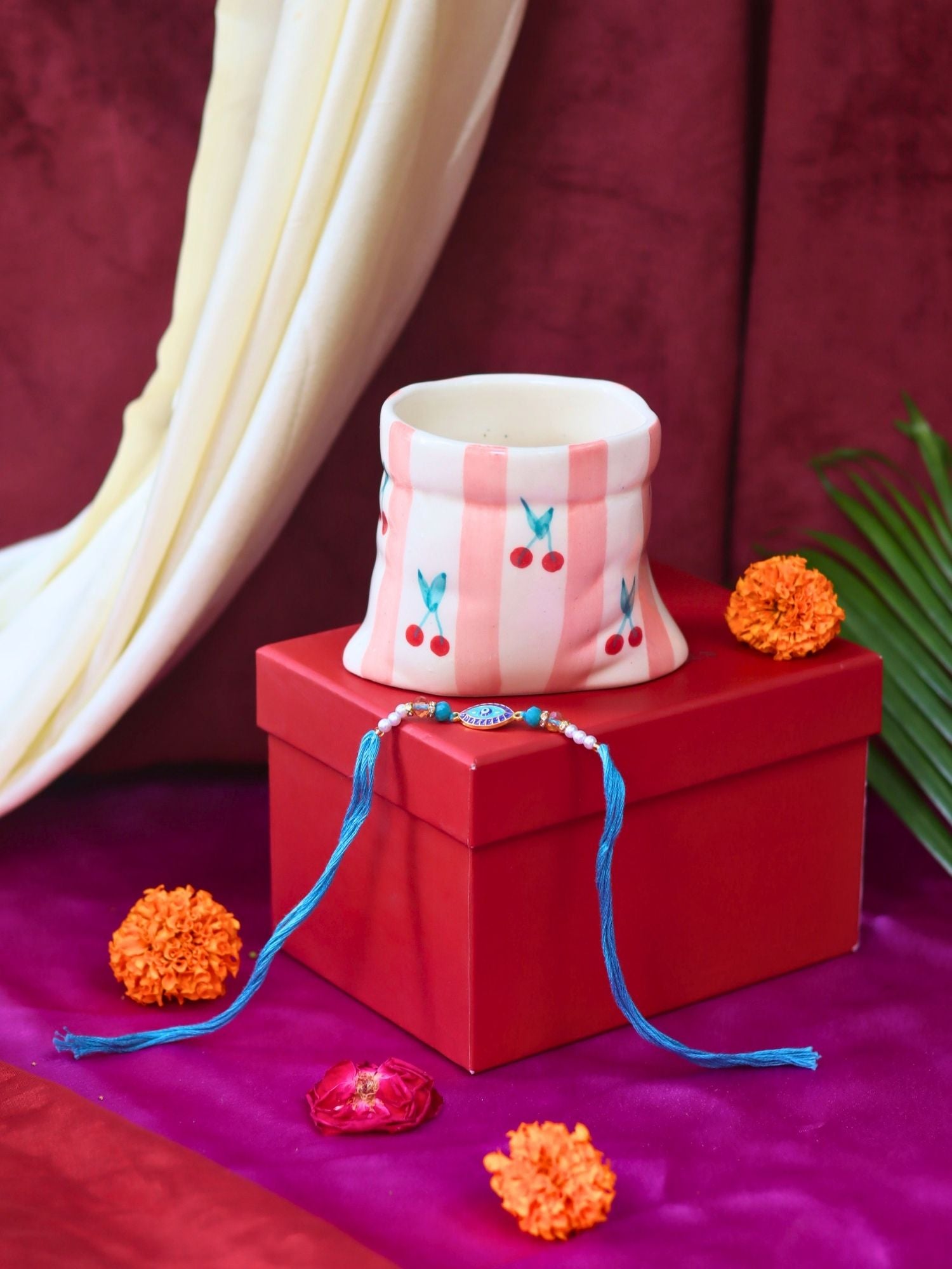 handmade Striped Pouch Mug Rakhi gift box