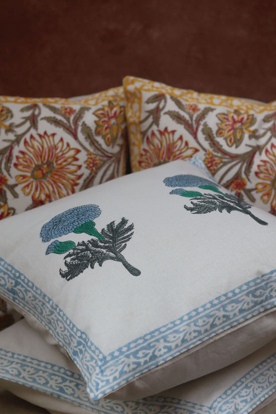 Blushing Blue & Yellow Ochre Block printed Cushion cover combo handmade in India