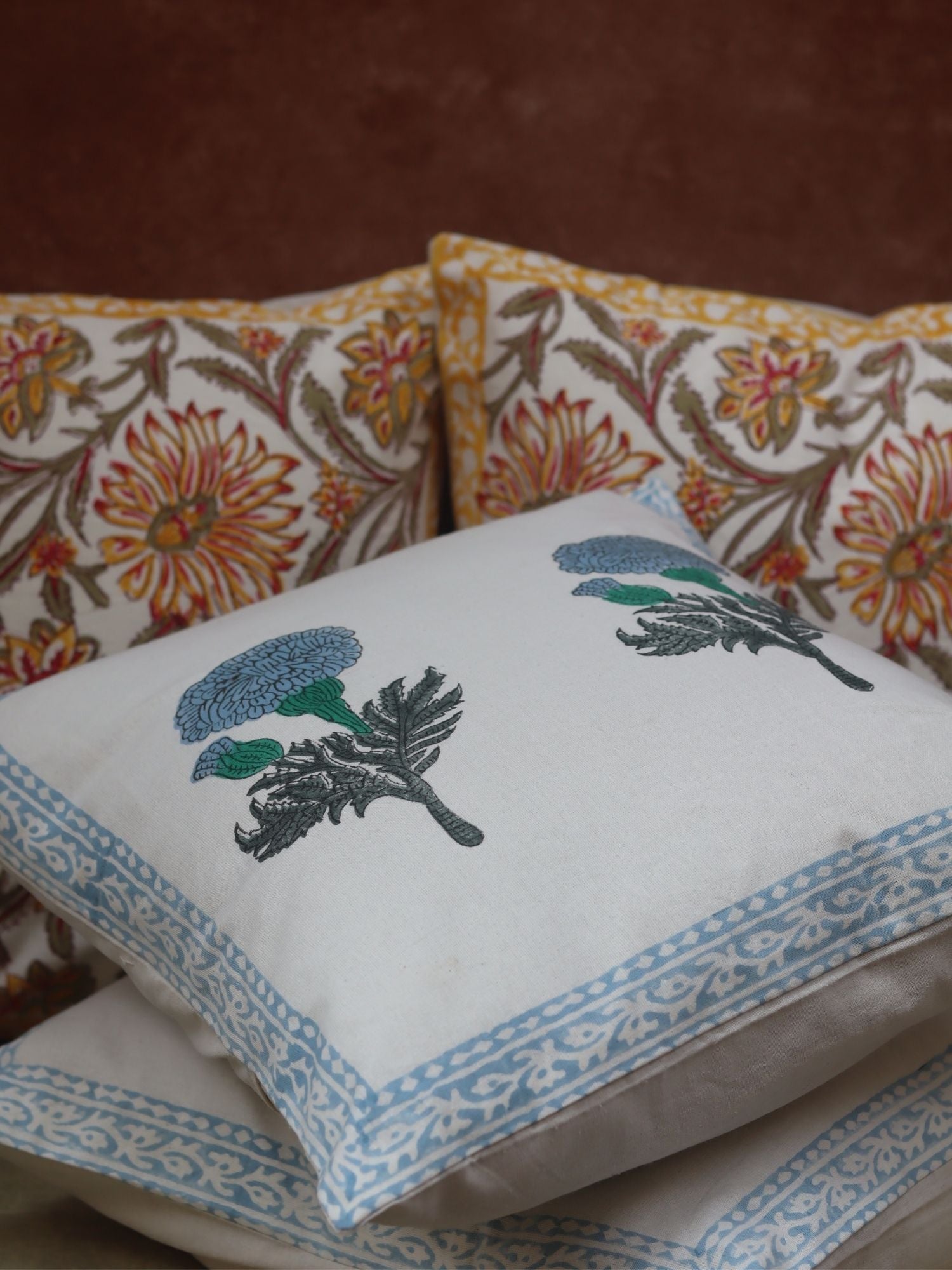 Blushing Blue & Yellow Ochre Block printed Cushion cover combo handmade in India
