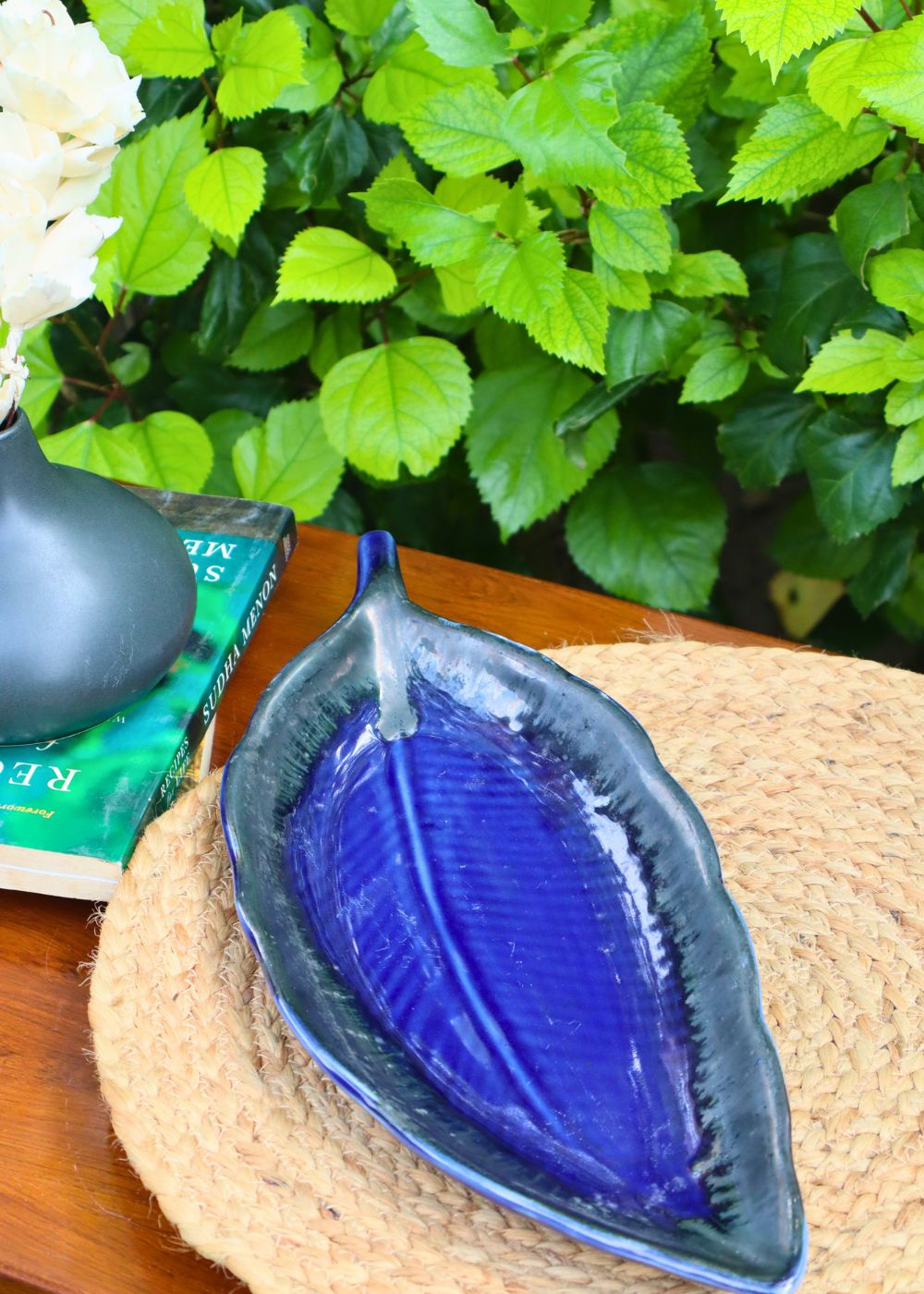 royal blue leaf platter made by ceramic 