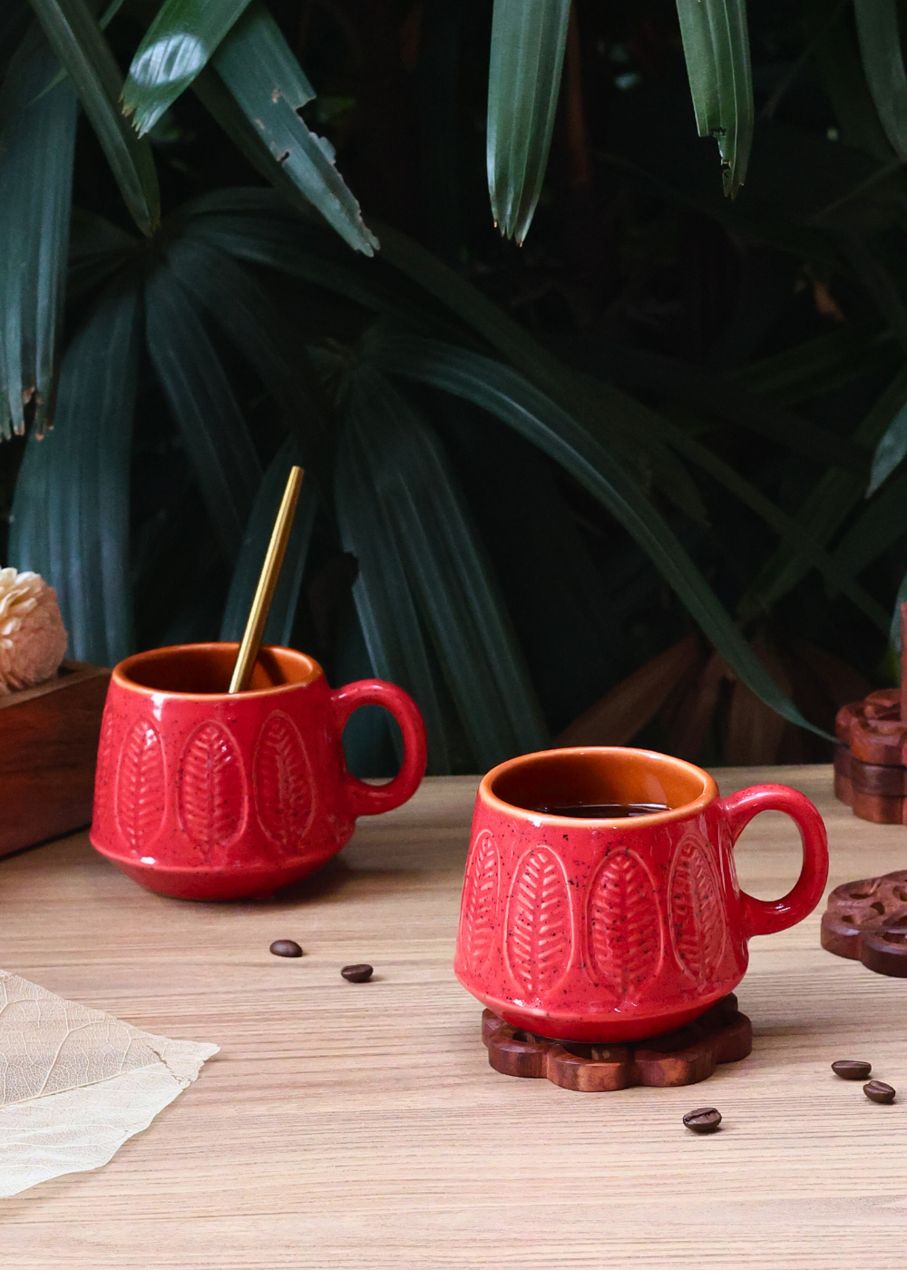 red leaf coffee mug